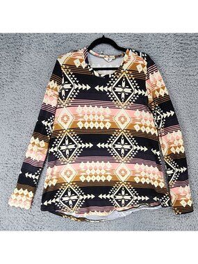Mumu Mellow Top Womens Medium Black Brown Aztec Print Long Sleeve